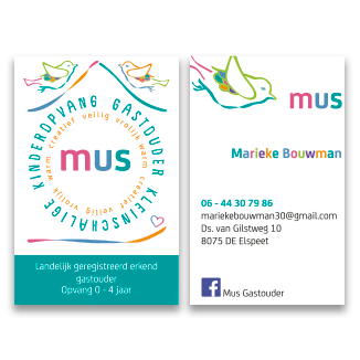 logo en huisstijl MUS door Krekwerk Visitekaartjes voor Gastouder Mus met het nieuwe logo met een getekende mus in erschillende kleuren