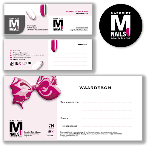 Huisstijl MNails Krekwerk Huisstijl, cadeaubon, visitekaartjes, logo, zwart, roze, voor nagelstudio Margriet MNails door Krekwerk