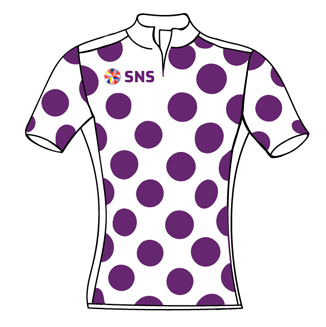 illustratie: wit paarse bolletjestrui voor SNS Bank tekening van een witte trui met paarse bolletjes met SNS Bank logo