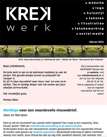 voorbeeld nieuwsbrief van Krekwerk Voorbeeld van een nieuwsbrief van Krekwerk