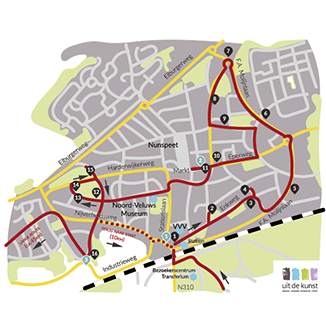 Illustratie plattegrond voor kunstfietsroute van Nunspeet uit de kunst, Krekwerk Illustratie plattegrond voor kunstfietsroute Nunspeet uit de kunst, Krekwerk