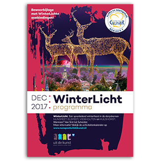 WinterLicht krantenbijlage van Nunspeet Uit de kunst, 32 pagina's, Krekwerk Krantenbijlage voorpagina van het WinterLicht festival van Nunspeet Uit de kunst met verlichte herten