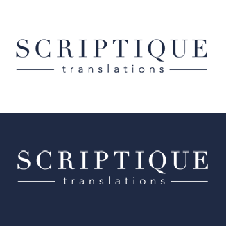 logo voor vertaalbureau Scriptique, Parijs, Destelbergen Logo voor vertaalbureau Scriptique in donkerblauw met lettertype Didot en avenir